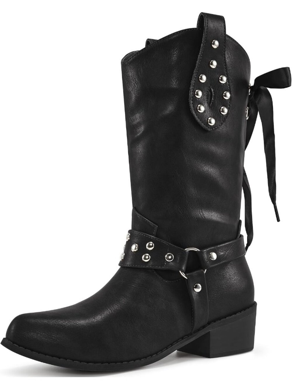 Women's Black Faux Leather Fashion Western Mid Calf  Pointed Toe Cowgirl Boots